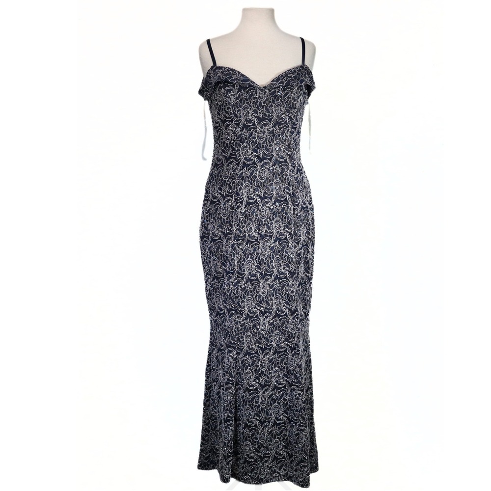Candalite Navy Lace Sequin Off Shoulder Maxi Gown Womens Medium NWT‎